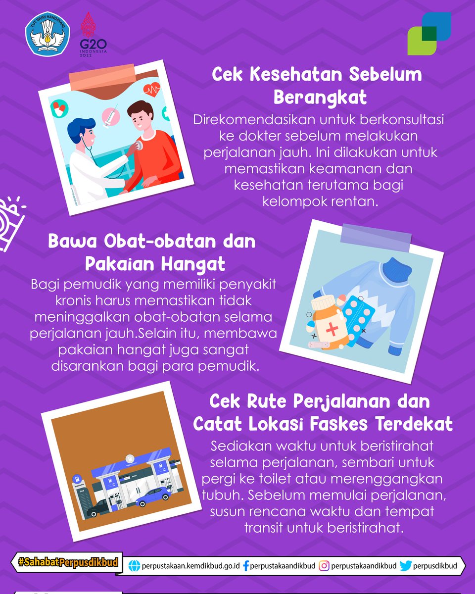 perpusdikdasmen's tweet image. Halo #SahabatPerpusdikbud , hari Raya Idulfitri tinggal menghitung hari. Adakah Sahabat yg sudah mudik lebaran?
Sebelum kalian mudik, yuk simak tips ala Perpustakaan Kemendikbudristek biar mudik kalian aman dan nyaman ya!
Jaga kesehatan &amp;amp; protokol kesehatan ya!
#mudik
#tipsmudik