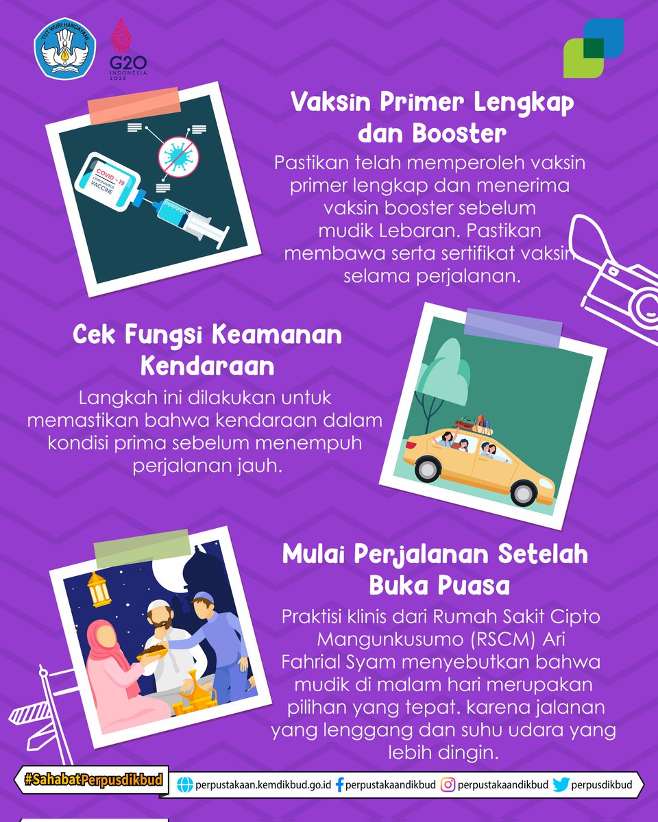 perpusdikdasmen's tweet image. Halo #SahabatPerpusdikbud , hari Raya Idulfitri tinggal menghitung hari. Adakah Sahabat yg sudah mudik lebaran?
Sebelum kalian mudik, yuk simak tips ala Perpustakaan Kemendikbudristek biar mudik kalian aman dan nyaman ya!
Jaga kesehatan &amp;amp; protokol kesehatan ya!
#mudik
#tipsmudik