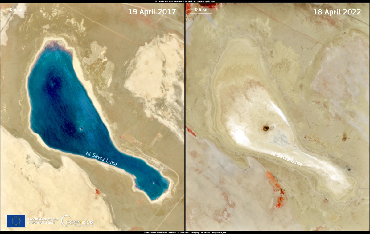 #ImageOfTheDay

Al Sawa was a salt lake in  #Iraq's Muthanna province 🇮🇶

➡️After a second consecutive year of severe #drought in the country, the lake has dried up

⬇️The absence of water is visible when comparing #Copernicus #Sentinel2 🇪🇺🛰️images of ↙️ 2017 and ↘️ 2022
