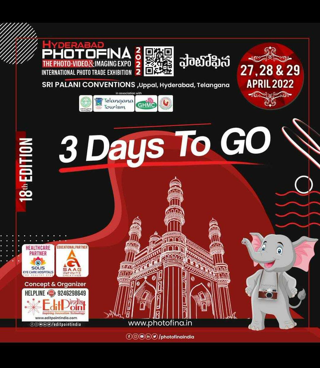 sandrasudheer's tweet photo. 3 Days to PhotoFina - India's Largest International Photo-Video Imaging Expo
Register Now : https://t.co/GjBPcC30fl
#Photofina #Editpointindia #SuparSchool #JCIHyderabadSUPAR https://t.co/dmHFntMqYh