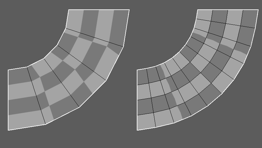 Another reason to have more polygons in environment models is helping to curve textures without warping happening.Note the checks on the left are wonky. The checks on the right flow more naturally.