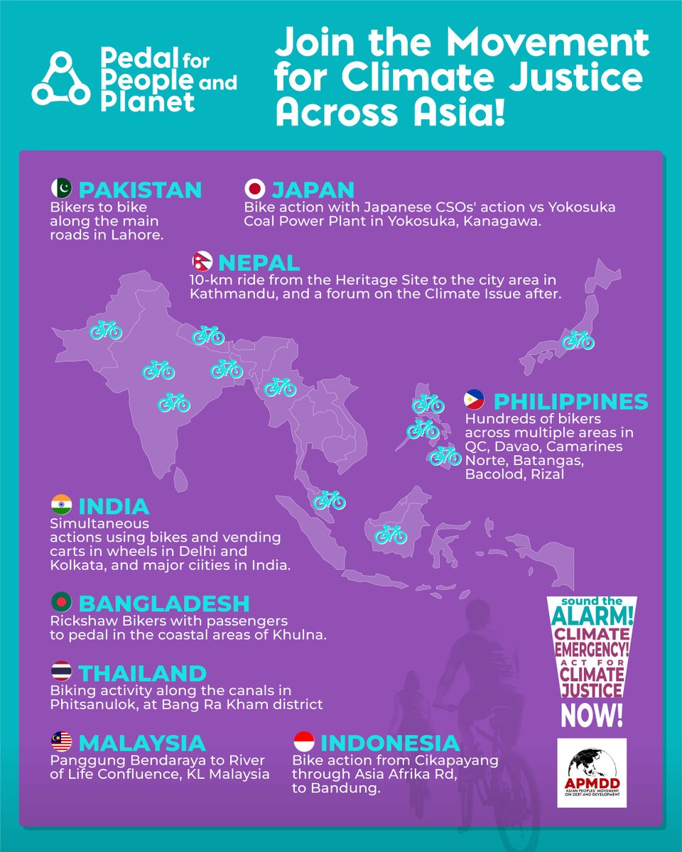 AsianPeoplesMvt's tweet photo. Today thousands of cyclists joined our fight for climate justice to protect the people &amp; the planet. Here are the PPPs that happened and will happend across various cities and communities in Asia.

#ActForClimateJusticeNow #SoundTheAlarm #ClimateEmergency #PedalForPeopleAndPlanet https://t.co/SmWL9uJNnu
