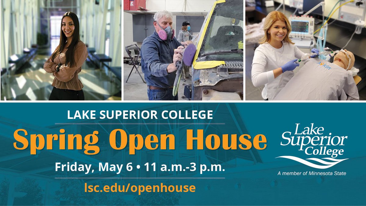 LSC_Duluth's tweet photo. Lake Superior College’s Spring Open House is Friday, May 6, 11 a.m. – 3 p.m. Tour the beautiful main campus to learn about Lake Superior College’s 90+ programs and how you can apply for free to LSC. Learn more and RSVP at https://t.co/D5mUn8KbdJ. #LakeSuperiorCollege #VisitLSC https://t.co/wwezgxKQS8