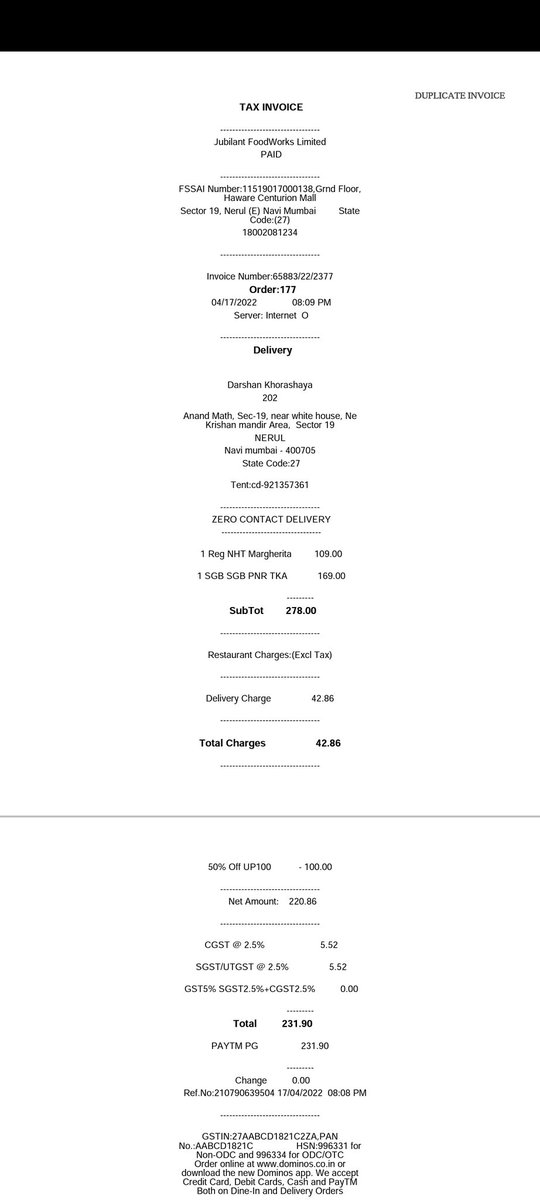 Darshanlfc143's tweet photo. @dominos_india @dominos I ordered 1 Pizza &amp; 1 Garlic Bread on 17th April at 8:09PM &amp; pizza was delivered on 9PM. I tried contacting the store but my call was unanswered! I tried contacting customer support but didn't get any reply. I'd like to get refund of my order. 1/2 https://t.co/8hI7vh3jtJ