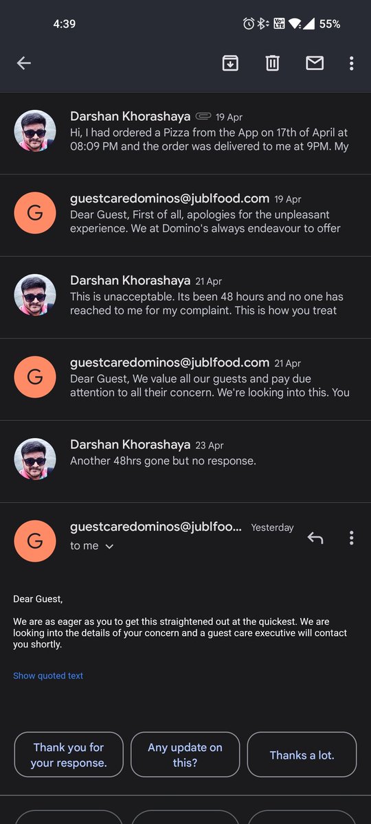 Darshanlfc143's tweet photo. @dominos_india @dominos I ordered 1 Pizza &amp; 1 Garlic Bread on 17th April at 8:09PM &amp; pizza was delivered on 9PM. I tried contacting the store but my call was unanswered! I tried contacting customer support but didn't get any reply. I'd like to get refund of my order. 1/2 https://t.co/8hI7vh3jtJ