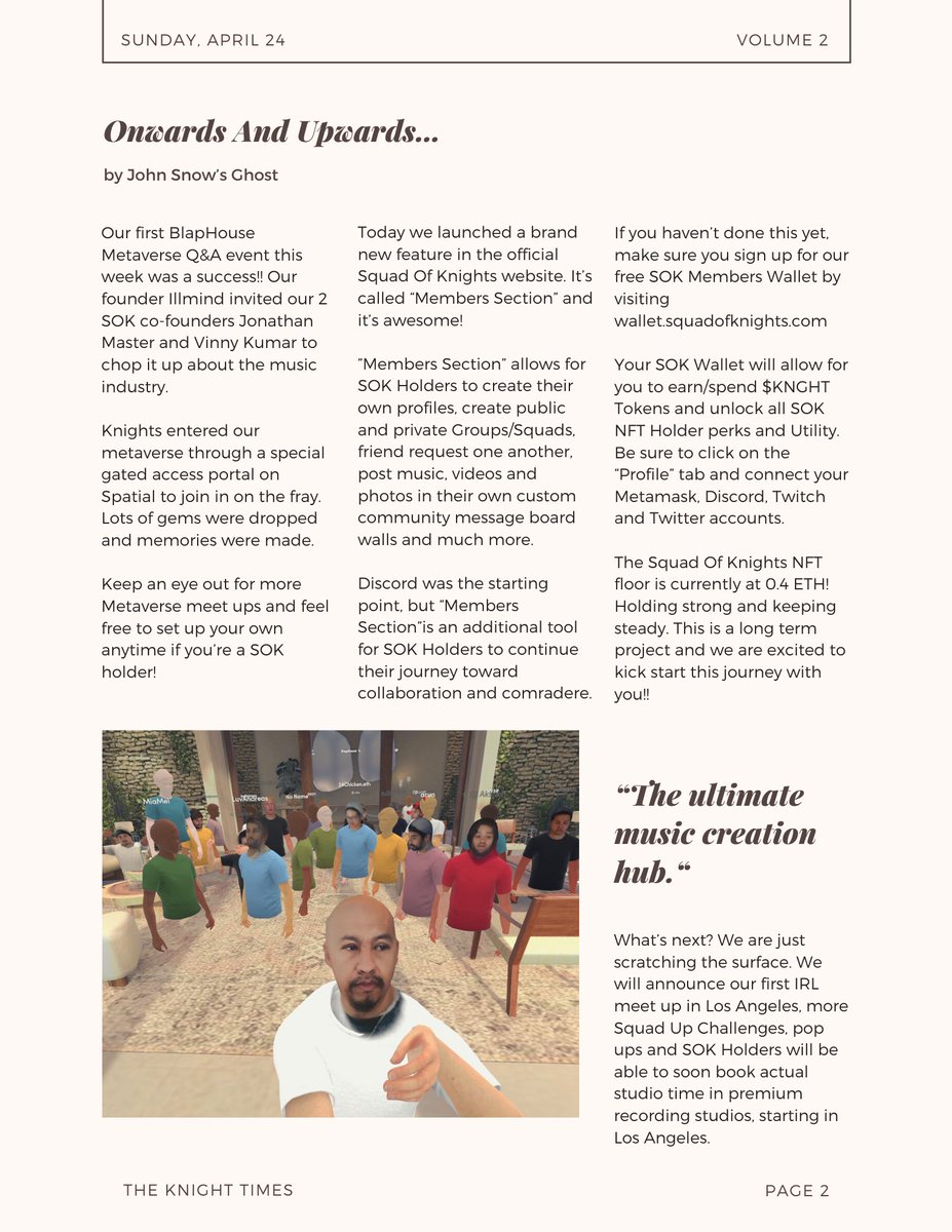 SquadOfKnights's tweet photo. 📰 The Knight Times: NEWSLETTER

Sunday, April 24
Volume 2

Excited to bring another issue of our SOK Newsletter Series! 📰 

We will keep you guys informed with what’s happening and what’s to come! https://t.co/ZtWLya0Yfz