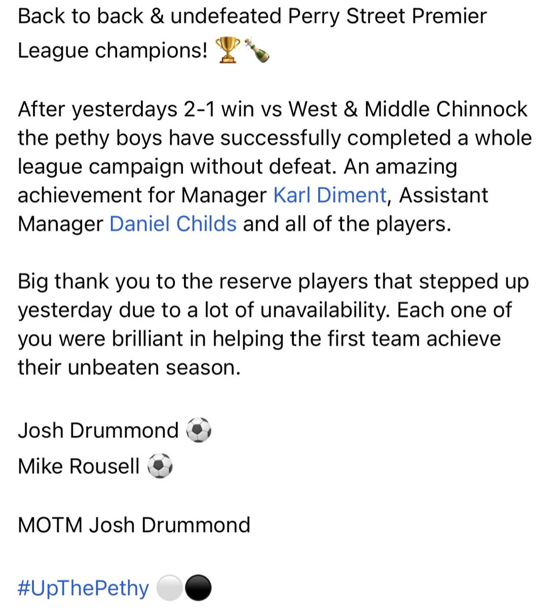 S_PethertonFC's tweet photo. Back to back &amp; undefeated Perry Street Premier League champions! 🏆🍾

FT @S_PethertonFC 2-1 @ChinnockFC 

Josh Drummond ⚽️
@mikecrousell ⚽️

MOTM Josh Drummond 

#UpThePethy ⚪️⚫️ https://t.co/woYtRI1riM