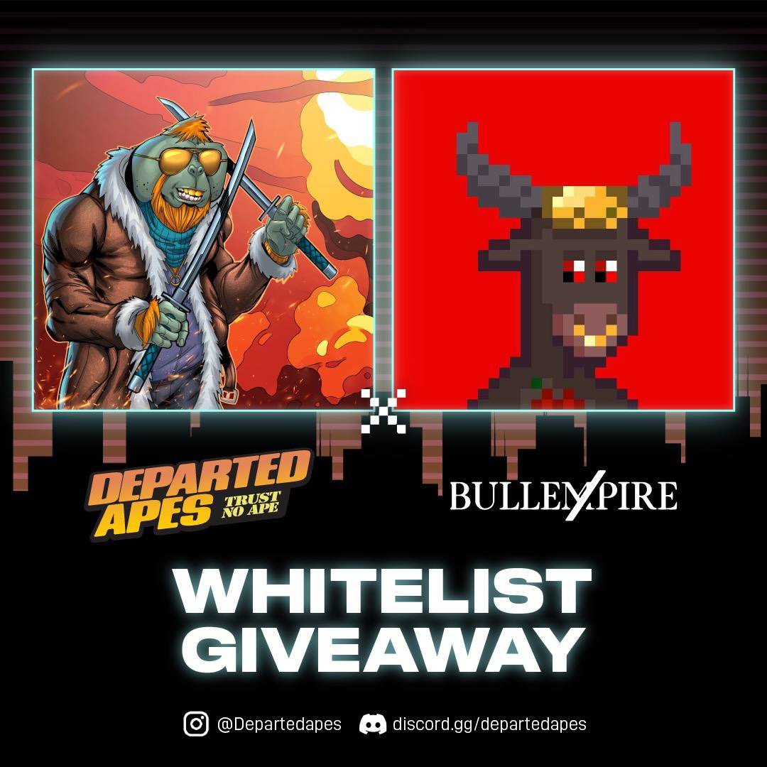 Departed Apes x ATVR Studios: Bull Empire &amp; Project: Tenjin 

🎁We are giving away 10 x Departed Apes WL spots to our Twitter community

To enter: 
1️⃣ Follow @departedapes &amp; <a href="/BullEmpireNFT/">Bull Empire I STAKING LIVE</a>
2️⃣ Like &amp; RT
3️⃣ Tag 3 friends

⏳Ends in 36 hours!⏳

#Giveaway  #WLGiveaways  #SolanaNFT