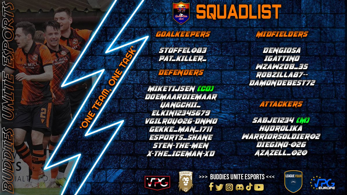 BuddiesXI's tweet photo. 🔷| Buddies Unite eSports VPG |🔶️

🚨| Squadlist

🏆| VPG England English L1🏴󠁧󠁢󠁥󠁮󠁧󠁿
🏆| VPG Europe L4 South 🇪🇺

🗓| Monday, Tuesday &amp; Thursday
⌚| 8.15 PM. 🇬🇧 / 21.15 UUR 🇳🇱
⌚| 9.00 PM. 🇬🇧 / 22.00 UUR 🇳🇱

One team, One Task💪

@OfficialVPG 
@VPGUK 
@VPGEurope  

#oneteamonetask https://t.co/84TnvXyELK