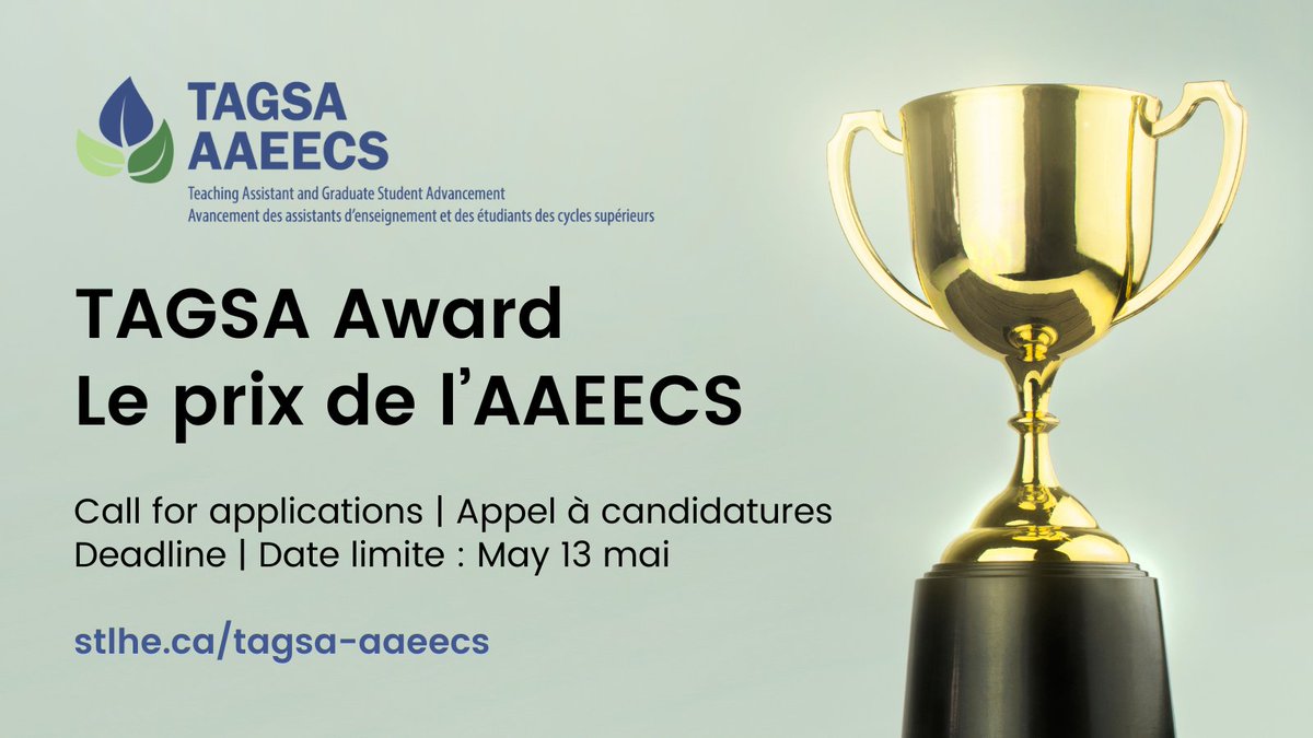 Call for applications (deadline May 13)! The #TAGSA_AAEECS Award for Outstanding Conference Session Led by a Graduate Student #STLHE_SAPES #TeachingAndLearning #HigherEducation #TeachingAssistant #GraduateStudent stlhe.ca/awards/tagsa-a…