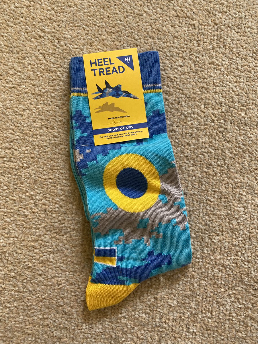 Mantog's tweet photo. Got my “Ghost of Kyiv” socks through….for every pair bought they supposedly donate 2 to the Ukraine relief effort👍. Slava Ukraini!🇺🇦 🇺🇦🇺🇦🇺🇦 https://t.co/bYiglAwdUP