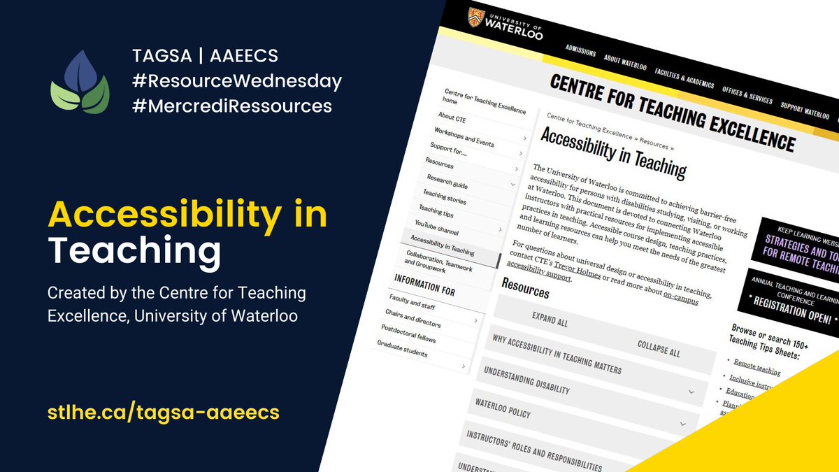#TAGSA_AAEECS #ResourceWednesday #MercrediRessources Accessibility in Teaching by @uwcte Check out the practical resources at uwaterloo.ca/centre-for-tea… #TeachingAndLearning #HigherEducation #TeachingAssistant #GraduateStudent #STLHE_SAPES stlhe.ca/tagsa-aaeecs/