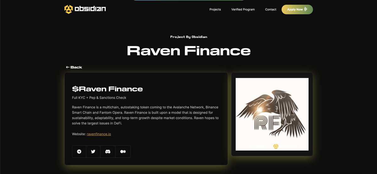 The_Success_Guy's tweet photo. @Raven_DeFi KYC complete by Obsidian. If you have not hear of this project. You need to DYOR and check it out. #Daas #Defi #Binance #AVAX #cryptocurrency #Fantom https://t.co/n4jj5DYCAc