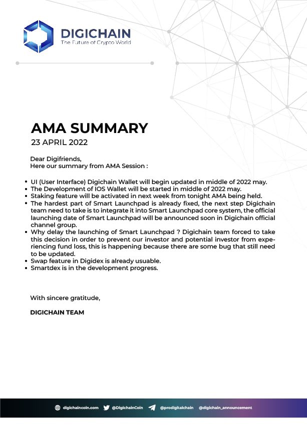 On April 23 2022

The DIGICHAIN COIN team did an AMA session on the Telegram group and here are the results of the AMA session

We continue to innovate and improve the quality of the projects we work on, Stay and Support us towards better quality

#DIGICHAIN #DIGICHAINCOIN #BSC