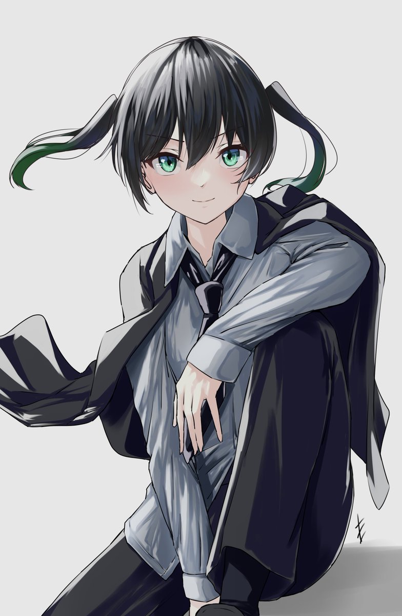 takasaki yuu 1girl solo twintails black hair necktie green eyes pants  illustration images