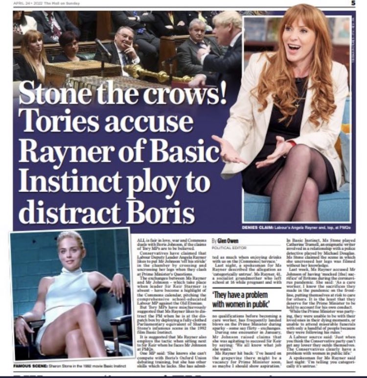 Woeful misogynistic rubbish from <a href="/MoS_Politics/">MoS_Politics</a> Their attack on <a href="/AngelaRayner/">Angela Rayner</a> isn’t journalism. But it shows how far Boris Johnson’s apologists will go to save his skin. Solidarity with Angela who betters him in debate and outclasses him in life.