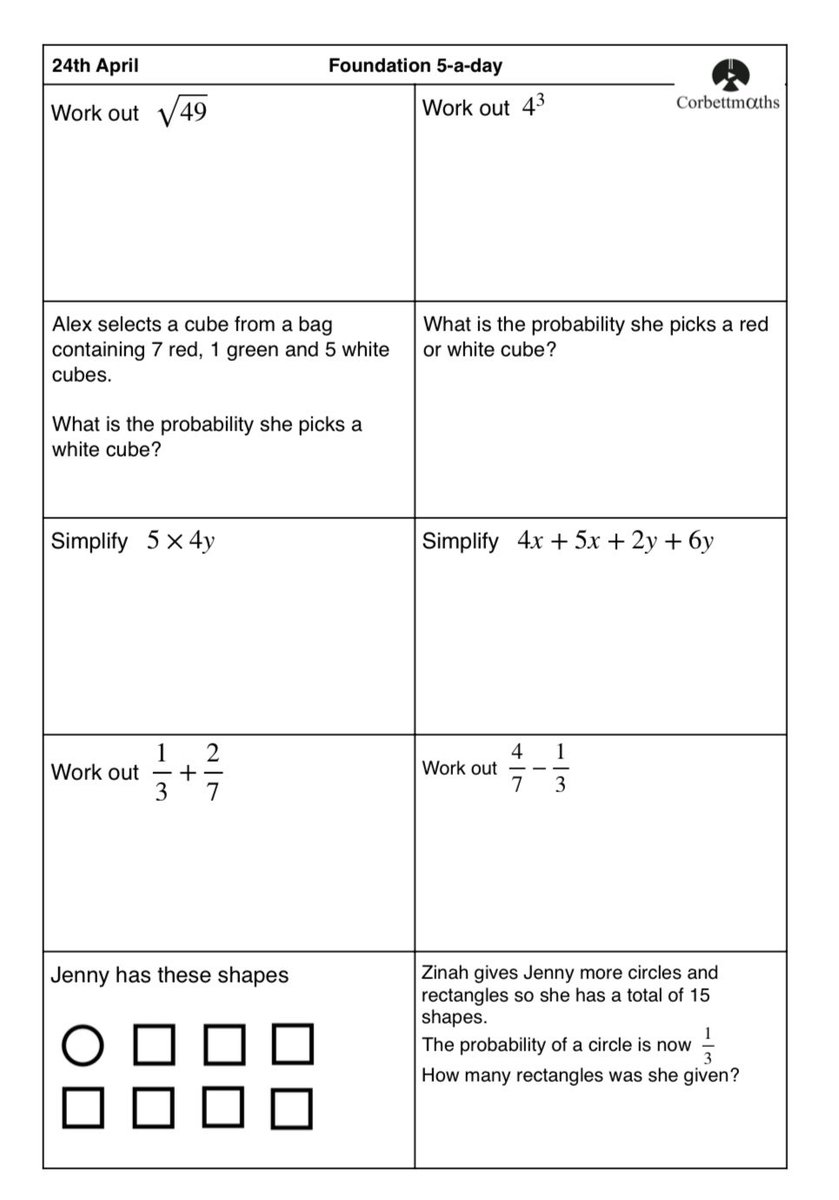 Corbettmaths's tweet photo. Studying for Foundation GCSE Maths? Try today's Foundation or the challenging Foundation Plus #maths5aday answers: https://t.co/0TUWL69rQe https://t.co/xQ4XcTAEJX