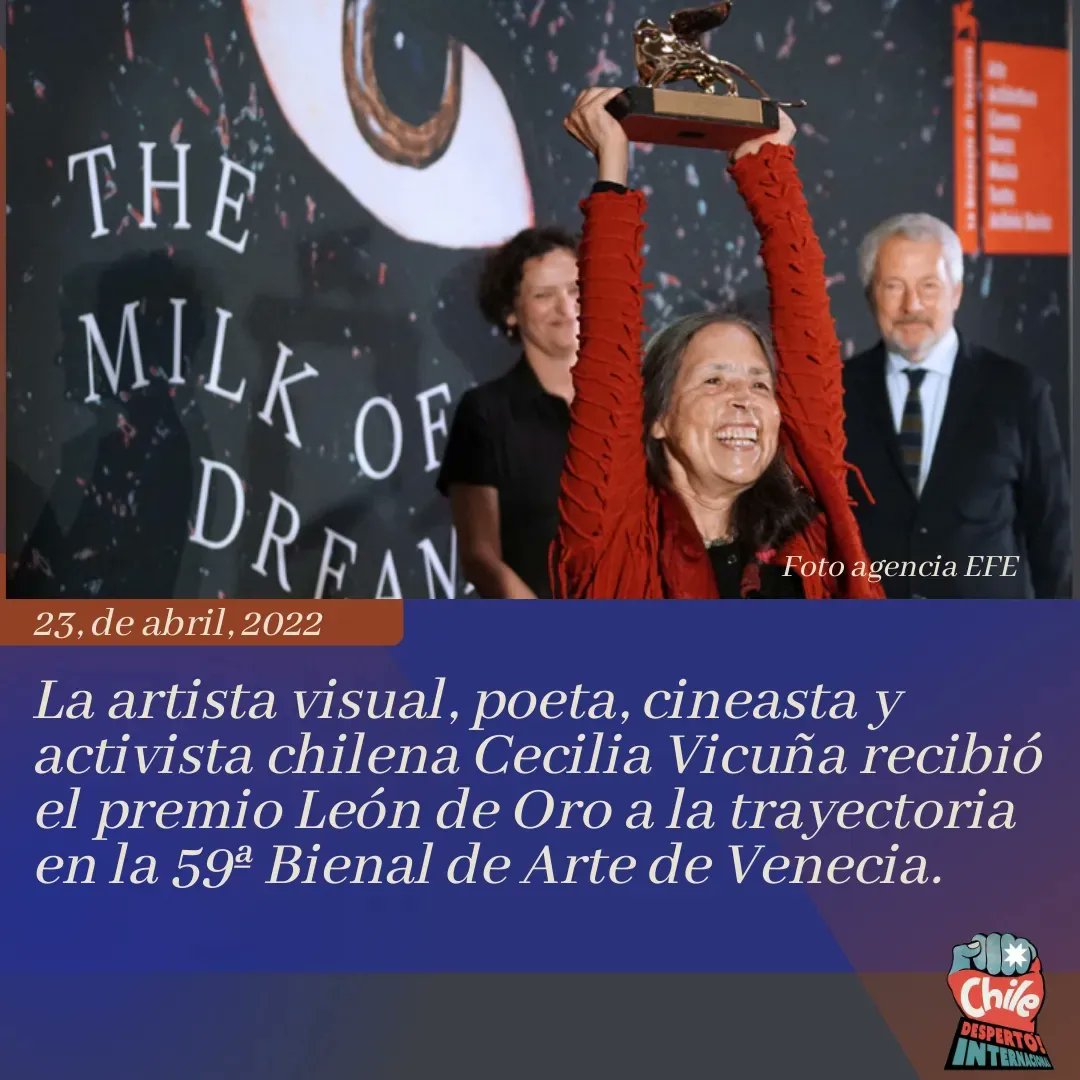 ChiledespertoI's tweet photo. Merecido premio para Cecilia Vicuña, artista chilena residente en el exterior!@vicunacec 🙌👏

#chilenosenelmundo
#ChileDespertóInternacional
#ChilenxsMigrantes 
#MigrarEsUnDerechoHumano 
#NadieEsIlegal 
#DistritoInternacional 
#distrito29
#ConstituciónMigrante https://t.co/kd3zpVubyx