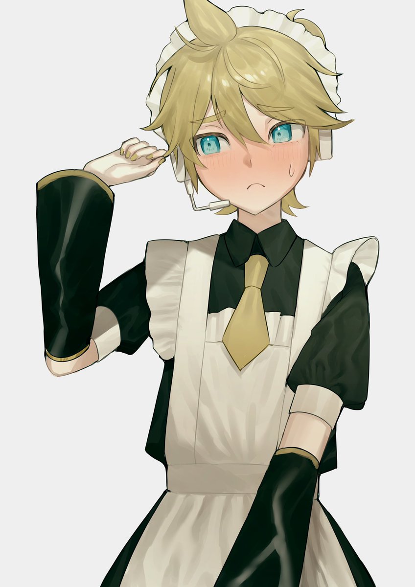 kagamine len 1boy male focus yellow necktie apron blonde hair blush maid  illustration images