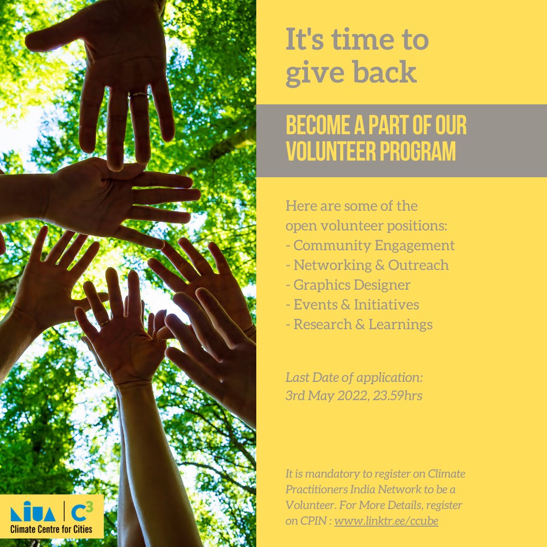 C3_NIUA's tweet photo. Seeking #Volunteers !
As a CPIN Volunteer, you will manage monthly and annual events, expand the network and create a knowledge repository. Sounds exciting, register today on CPIN for more details: https://t.co/tnOoZFJYvb
#ClimateProIndia #C3actions #climatechange https://t.co/MdbDx0Rhfx