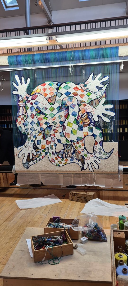 emmajowebster's tweet photo. Congratulations to Alberta Whittle on such a phenomenal show at #venicebiennale2022 and the amazing tapestry by @DovecotStudios &amp; weavers Naomi Robertson Ben Hymers &amp; @emmajowebster #handwoven #tapestryweavers https://t.co/fvIHcBTKE0