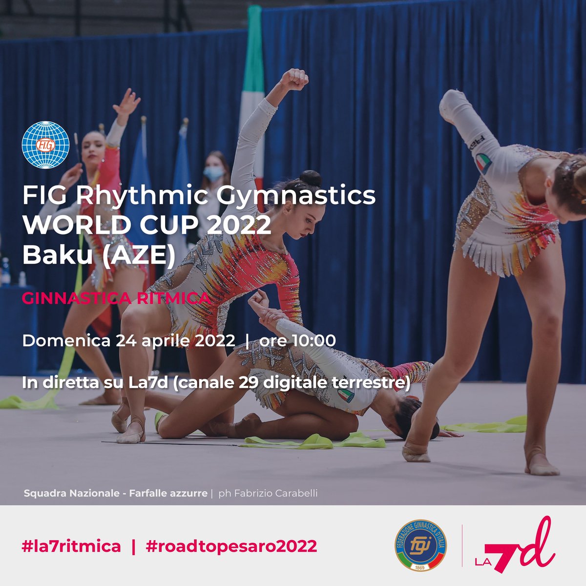 Federginnastica's tweet photo. Baku - Rhythmic World Cup - Sofia Raffelli vince l’oro al cerchio! L’agente delle Fiamme Oro con 34.900 supera la bulgara Kaleyn, seconda con 31.450. Bronzo per l’israeliana Adi Asya Katz. La gara è trasmessa in diretta su La7d (canale 29 DTT).
#la7ritmica
#roadtopesaro2022 https://t.co/Qn7WIcWFqV