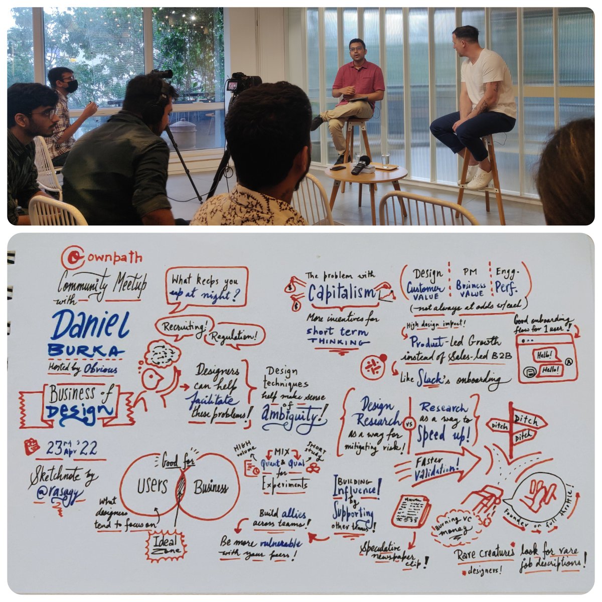 rasagy's tweet photo. Last evening, @shreyas_satish spoke with @dburka about business of design, pitching user research to founders &amp; how designers can increase their influence.

Quick #sketchnotes &amp; some key themes in a 🧵 below.

1/6 https://t.co/pPt8axm87Z