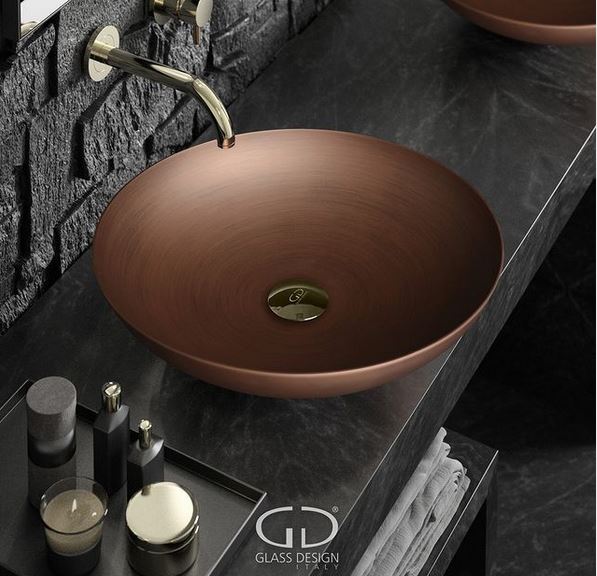AlchemyAward's tweet photo. Slide by Glass Design Italy in old copper finish shows the 'look' versatility of Vetrofreddo, one of the company's key material choices.
#materialmastery #washbasin
#washbasins #cloakroomdesign #cloakroom #cloakroomideas #copperlook #italiancraftsmanship https://t.co/RKBWdUgBgi