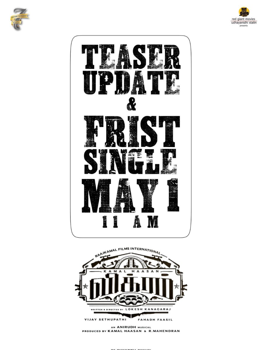 movielovers1021's tweet photo. #VikramTeaser& #VikramFirstSingle update from May 1 at 11AM.
#Vikram in cinemas June 3rd.
#KamalHaasan #FahadhFaasil #VijaySethupathi #Lokeshkanagaraj
#June3rdRelease #VikramTeaserUpdate
#VikramFromJune3 https://t.co/L1pUBKm5tr