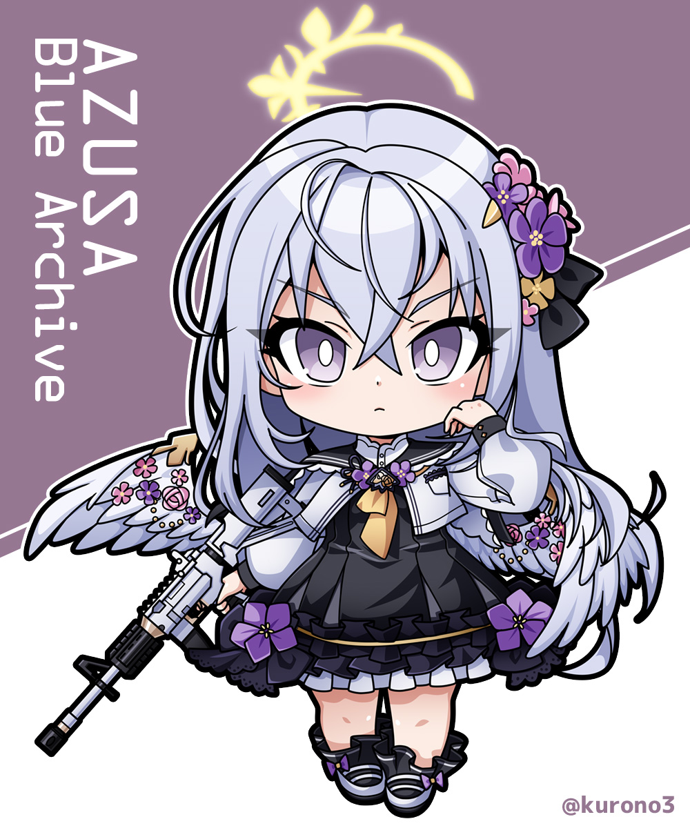 azusa (blue archive) 1girl weapon solo gun flower hair flower wings  illustration images