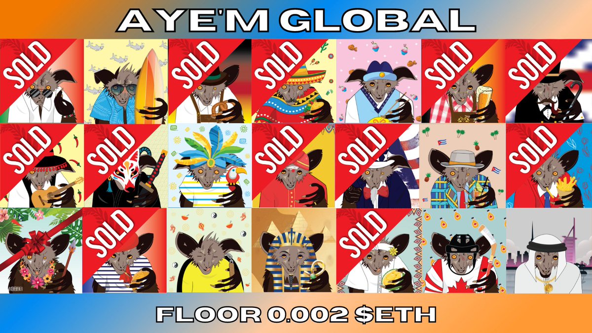 ** Aye'm Global #NFTcollection ** 🌎
Many Aye-Ayes are looking for adoption 👀
Choose your country or the country that has meant something to you 😍
🔥FLOOR 0.002 $ETH
🤝SOLD 12/21 + 1 gift
Feel free to RT&amp;❤ Thank you for your support🙏
#NFTCommunity #NFTdrop #nftlover