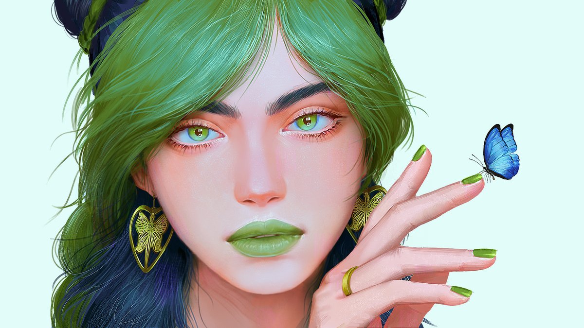 kujo jolyne 1girl jewelry green hair solo green nails earrings green eyes  illustration images