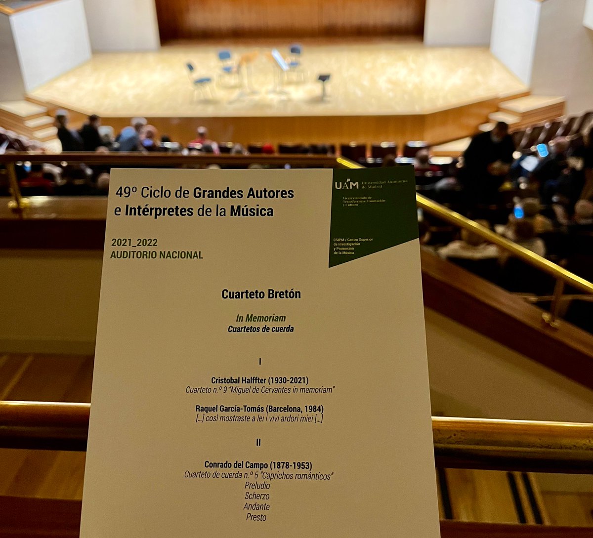 TempoMusicae's tweet photo. Gran concierto homenaje a #Halffter del #CuartetoBretón en el Ciclo de Grandes Autores e Intérpretes del @CSIPM_UAM @UAM_Madrid con un bonito programa dedicado a #Cervantes y obras de #Halffter, @RaquelGTomas y Conrado del Campo https://t.co/vCRMvQSfu4