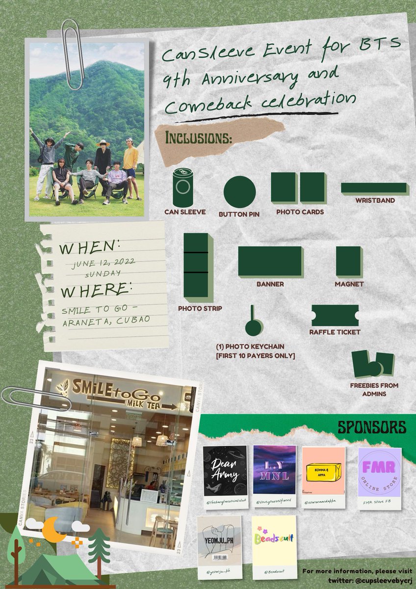 cupsleevebycrj's tweet photo. Come and celebrate with us ARMYs! 🥳

A can sleeve event for BTS 9th Anniversary and Comeback 💜

🗓️: June 12, 2022 [Sunday]
🕛: 1:00 PM onwards
📍: Smile to Go Cafe, Araneta Cubao Quezon City

form: https://t.co/oQPz9wCHtr https://t.co/cL1fQpQCUe