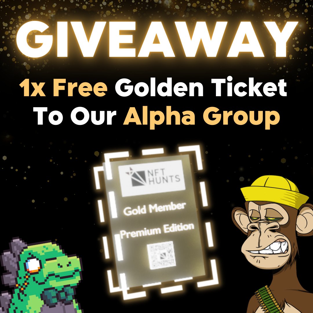 nft_hunts_gen's tweet photo. We are giving away 1 free golden ticket 
to our Alpha Group 🎁
 
To enter:
1⃣Follow @nft_hunts_gen
2⃣ Like + RT
3⃣ Tag 3 friends 
4️⃣ Join our discord: https://t.co/CdbXIdQXus

🏆 Winner in 5 days! 🏆
#NFTGiveaways  #NFTs #NFTdrop #NFTGiveaway  #NFTGame https://t.co/AhCDvQp0wr