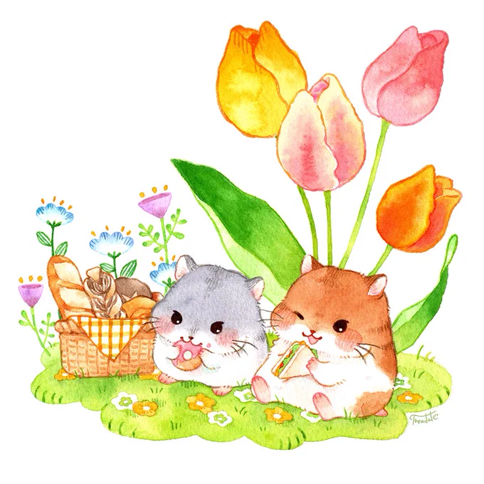 チューリップの咲く花畑でピクニックなハムスター 