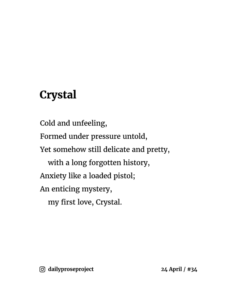 daily_prose's tweet photo. A new poem every day.

📔 24 April / #34 - "Crystal"⁠

#escapril #escapril2022 #poemoftheday #dailypoetry #dailyprose #poemaday #dailyproseproject https://t.co/SGTbu7kdED