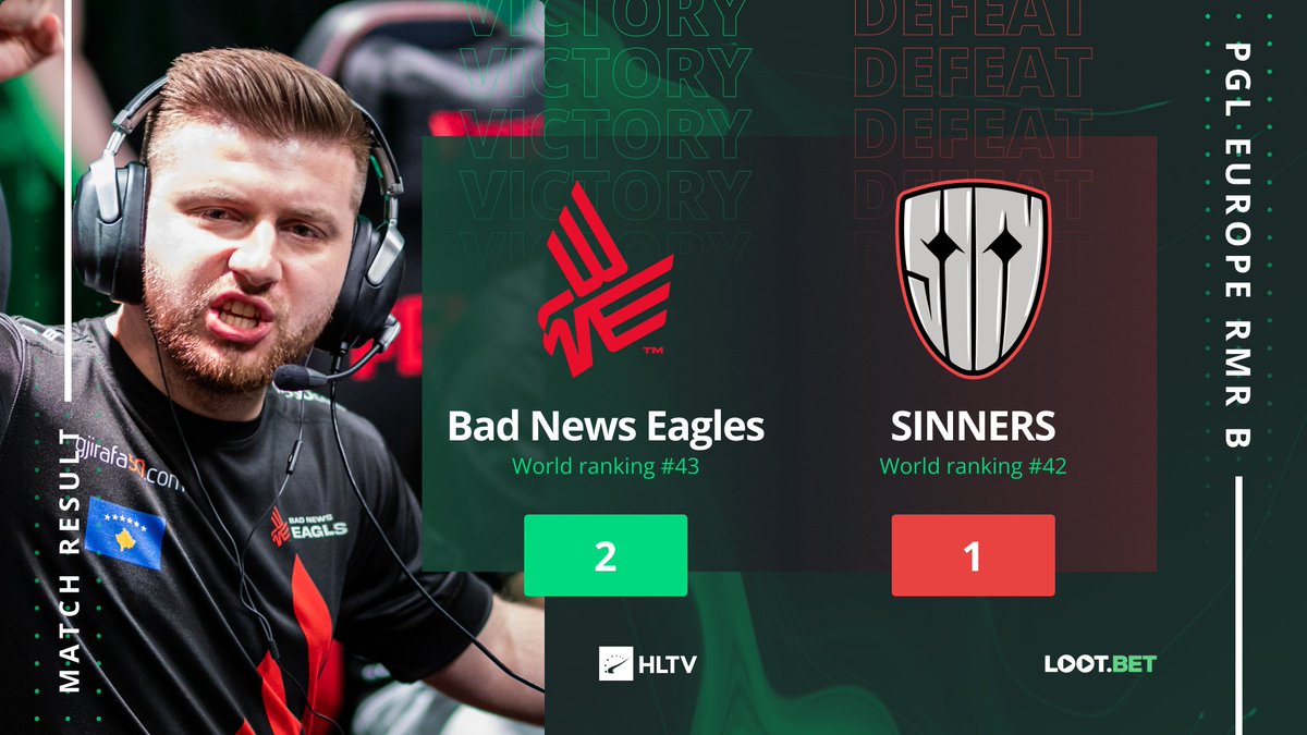 .<a href="/_badnewseagles/">BAD NEWS EAGLES</a> defeat <a href="/SINNERS_Esports/">SINNERS Esports</a> 2-1 to qualify for #PGLMajor!

10:16 on Mirage
16:6 on Nuke
16:14 on Inferno

#PGLRMR
