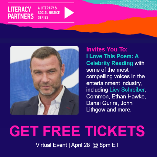 LitPartners's tweet photo. Join Liev Schreiber for I Love This Poem: An Online Reading on Thursday, April 28 at 8:00pm ET. Get tickets HERE: https://t.co/RhFyelVq7Y
#LiteracyPartners #racialjustice #socialjustice #ilovethispoem #wordsshapeourworld #backbypopulardemand #poetrymonth #lievschreiber https://t.co/OfCr6hEscy