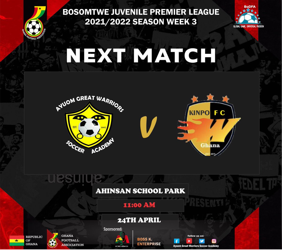 GreatWarriorsA's tweet photo. M A T C H D A Y 🔥🔥🔥
All the fans are cordially invited to come and support the boys.
NB: Don’t forget to put on your nose mask😷
#AGWSA
#SOCCER_WARRIORS
#WARRIORSMEDIA
#GYE_NYAME
#FORGING_FOR_SUCCESS https://t.co/t4JwQkBXg2