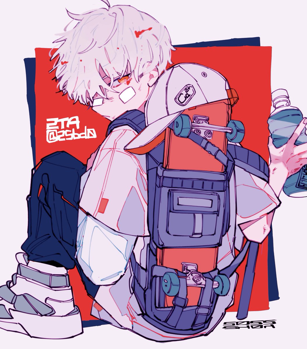 1boy backpack male focus solo white hair bottle bandaid  illustration images