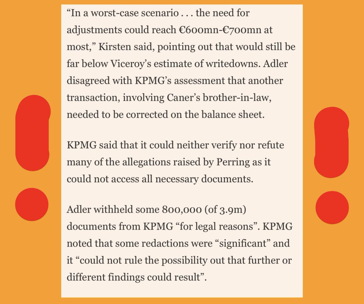 misterbien2's tweet image. $ADJ #ADLER

«@KPMG said that it could neither verify nor refute many of the allegations raised by #Perring as it could not access all necessary document» @FT👇

⚠️ After a 6 mths investigation @KPMG used the SAME EXTRA MILD WORDING to say that 2bl of #Wirecard’s cash were fake❗️