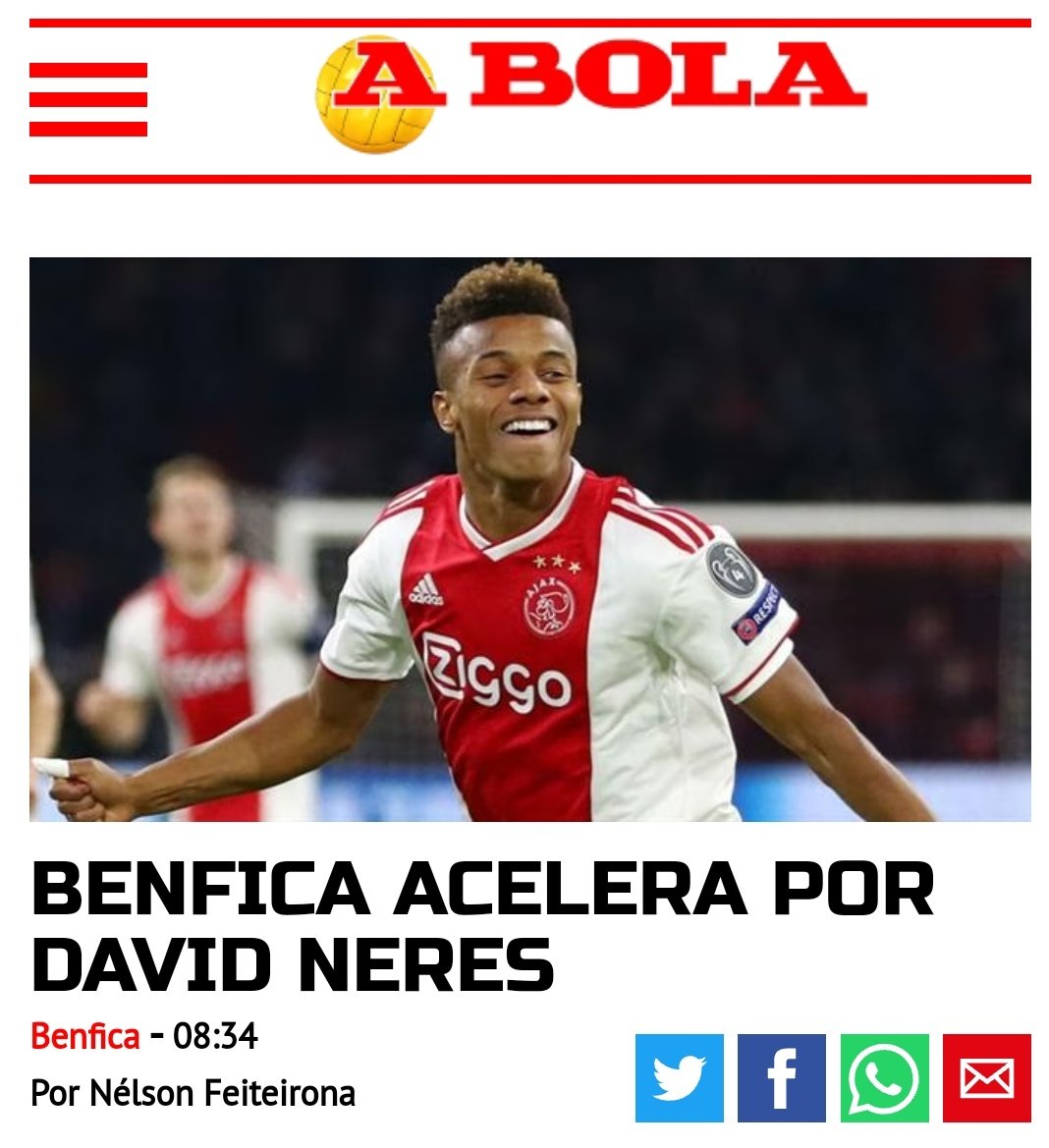 Segundo o jornal "A Bola", David Neres está muito perto de assinar pelo Benfica para a próxima temporada. O brasileiro de 25 anos agrada à estrutura benfiquista e poderá encaixar bem no modelo de Roger Schmidt.
 Análise ⬇️ (+)