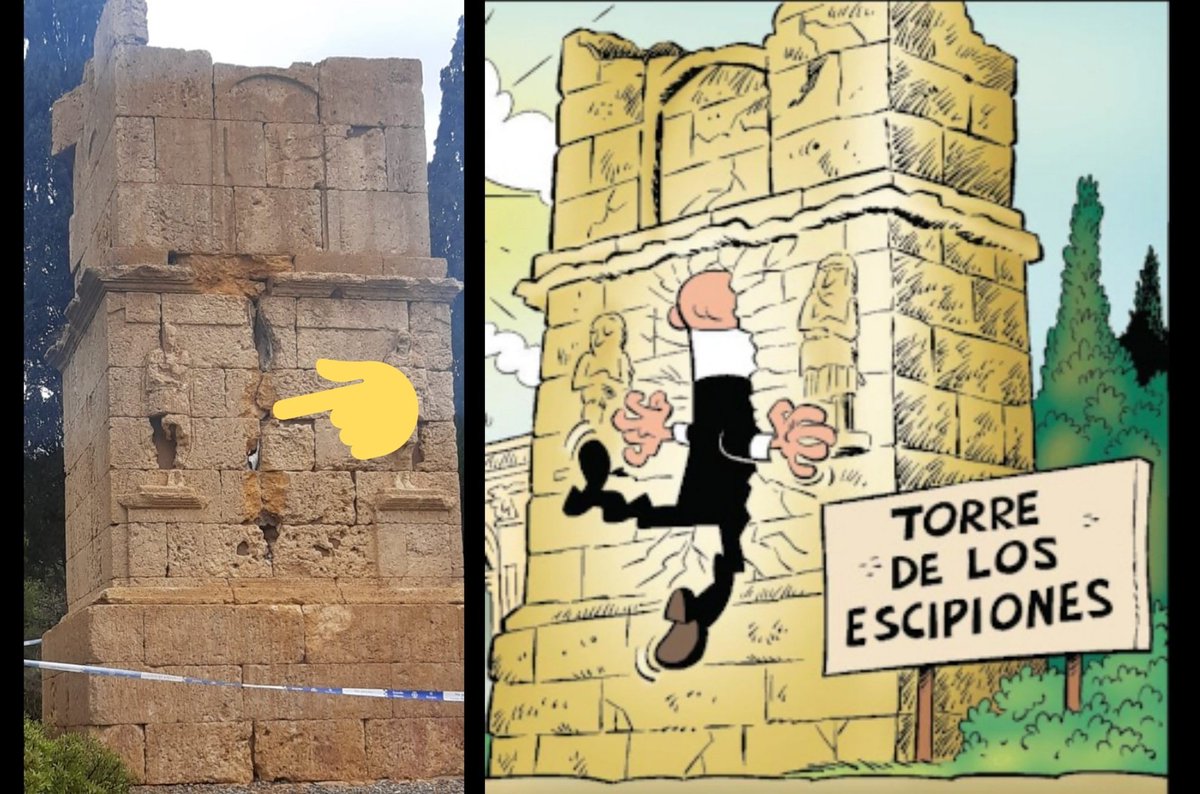 QuimCarro's tweet photo. No sólo los Simpson profetizan cosas: en Tarragona, un rayo ha caído sobre la Torre de los Escipiones provocando una grieta...justo en el lugar donde se incrusta Mortadelo en el álbum "Misión por España" https://t.co/ZiMRaC4FMn