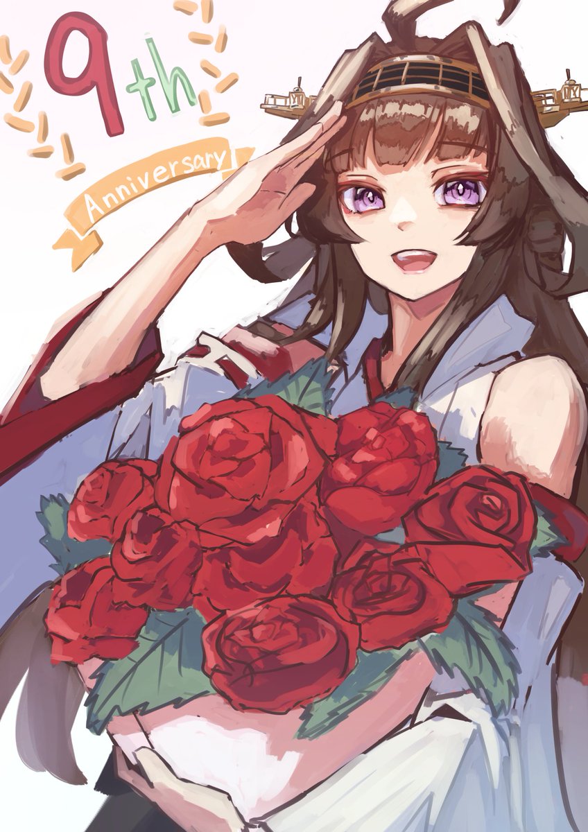 kongou (kancolle) 1girl solo long hair brown hair bouquet flower ahoge  illustration images