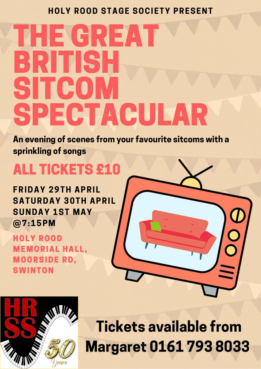 HolyRoodStage's tweet photo. #TicketsNowOnSale! #HRSS present #TheGreatBritishSitcomSpectacular: an evening of scenes from your favourite sitcoms with a sprinkling of songs🎶 #amdram x https://t.co/Pu5YdK9Kty