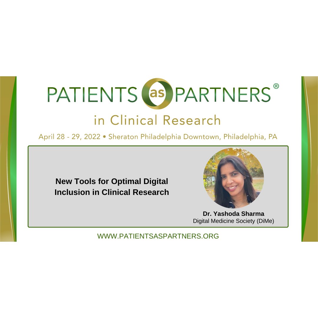 Dr Yashoda Sharma, @_DiMeSociety, will share "New Tools for Optimal Digital Inclusion in Clinical Research" at the upcoming Patients as Partners in Clinical Research conference.

Learn more - bit.ly/3Er53Cp 

#PatientsasPartners2022