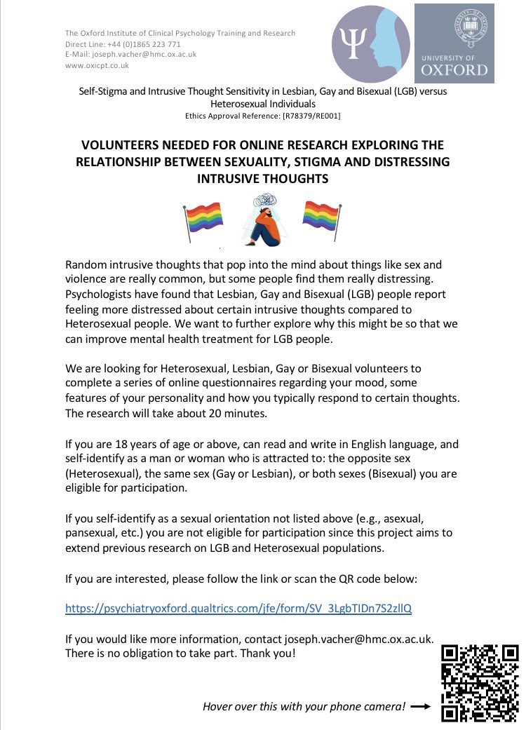 Dr Alastair Pipkin (@drapipkin) on Twitter photo A reminder of an invite to take part in a research study - anyone 18+ identifying as straight or gay, lesbian or bisexual can take part here: psychiatryoxford.qualtrics.com/jfe/form/SV_3L… It will help us to understand intrusive thoughts LGBT people experience and how stigma impacts #LGBTQ #research A reminder of an invite to take part in a research study - anyone 18+ identifying as straight or gay, lesbian or bisexual can take part here: psychiatryoxford.qualtrics.com/jfe/form/SV_3L… It will help us to understand intrusive thoughts LGBT people experience and how stigma impacts #LGBTQ #research