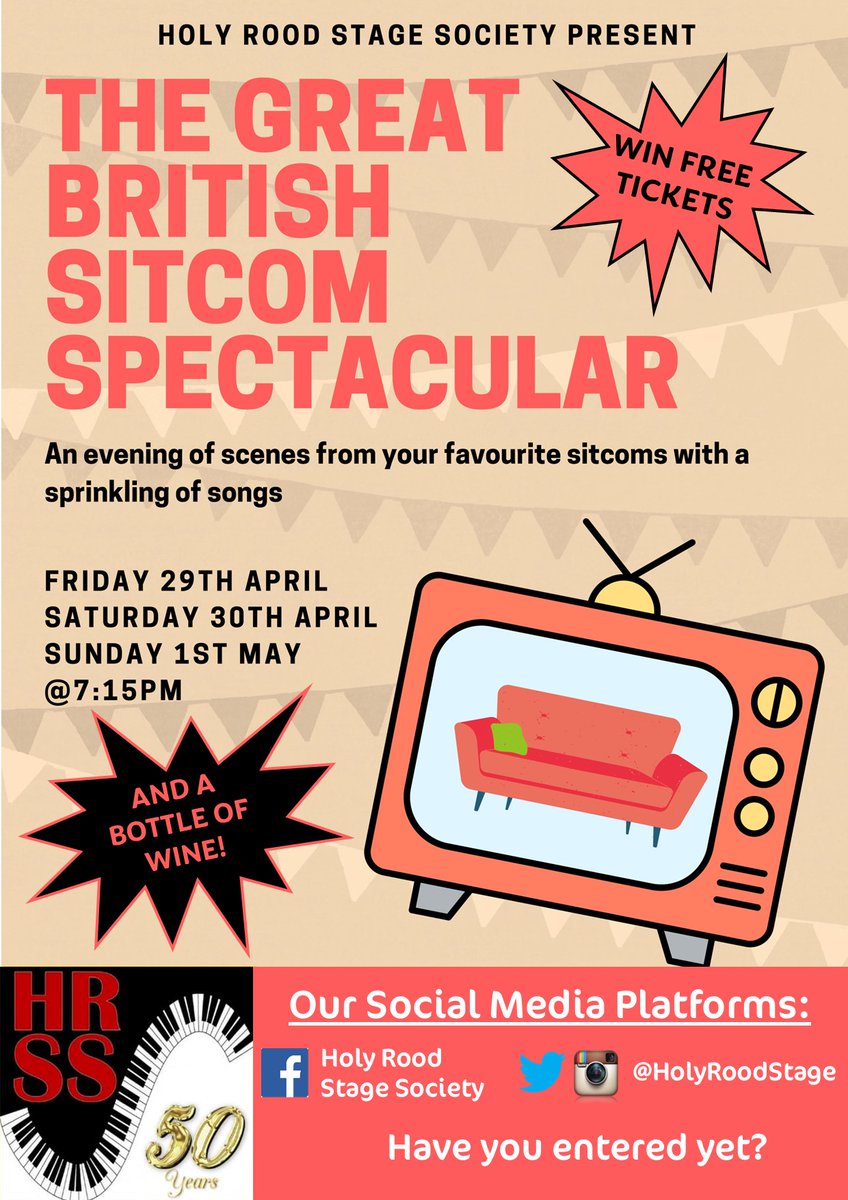 HolyRoodStage's tweet photo. #AmDram #HolyRoodStageSociety
#TheGreatBritishSitcomSpectacular #WinOnWednesday #EnterForFreeTickets #TicketsStillAvailable Call Margaret
on 0161 793 8033. To Enter: #Like/#Follow &amp; #Share! 🎭

Please note: Strobe lighting is in use for our performances. x https://t.co/v2sfsrtU1u