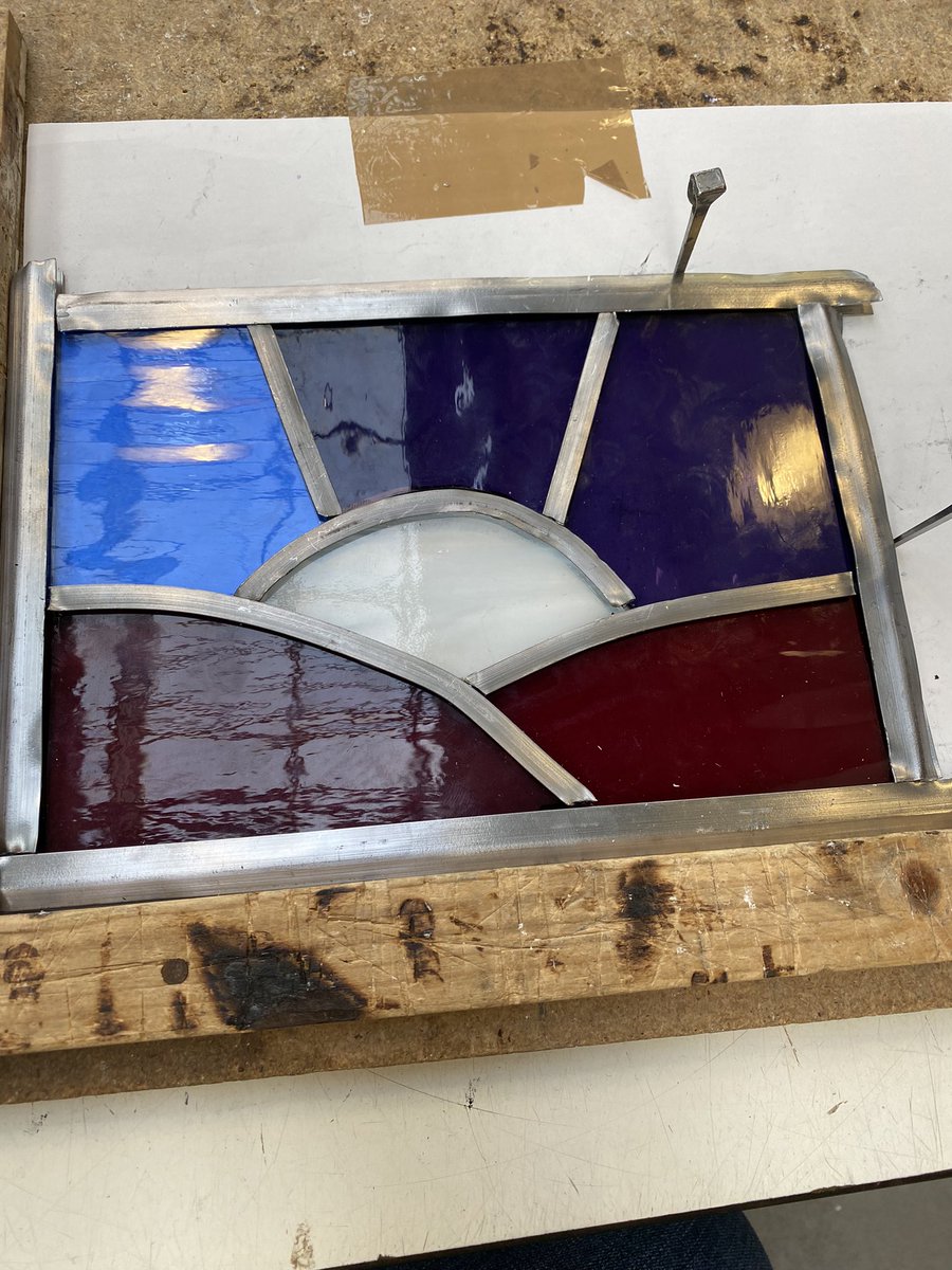 baxtertheborder's tweet image. Stained glass workshop.  Small panel of the moon rising.  Moving on to Cathedrals soon!